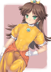 1girl abs androgynous blush brooch brown_hair covered_navel dress dutch_angle earrings flat_chest gloves green_eyes hand_on_own_hip jewelry long_hair looking_at_viewer mario_(series) nagase_haruhito navel nintendo princess princess_daisy simple_background skin_tight solo super_mario_land tiara tight_clothes toned two-tone_background white_gloves yellow_dress rating:Sensitive score:116 user:danbooru
