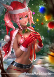 10s 1girl animal_ears warrior_of_light_(ff14) bell belt bikini blue_eyes borrowed_character breasts cat_ears choker christmas christmas_tree eyelashes final_fantasy final_fantasy_xiv fishnet_legwear fishnets gloves hat jingle_bell lips looking_at_viewer miqo&#039;te neck_bell neoartcore nose original pink_hair red_bikini red_gloves santa_hat short_twintails sitting small_breasts solo stomach swimsuit tareme thighhighs twintails white_legwear rating:Questionable score:21 user:danbooru