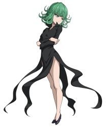  1girl bare_legs black_dress breasts crossed_arms curly_hair dress expressionless female_focus full_body green_eyes green_hair legs looking_to_the_side matching_hair/eyes official_art one-punch_man pelvic_curtain short_hair solo tatsumaki  rating:Explicit score:42 user:User15899