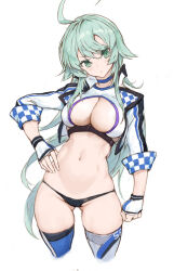  1girl :&lt; absurdres ahoge alternate_eye_color alternate_hair_color black_panties blue_choker breasts choker cleavage clenched_hand closed_mouth commentary_request cowboy_shot cropped_jacket cropped_legs fingerless_gloves gloves gluteal_fold green_eyes green_hair hand_on_own_hip highres kantai_collection large_breasts long_hair looking_at_viewer medium_hair multicolored_thighhighs navel one-hour_drawing_challenge panties race_queen ryo_(tg290) simple_background solo stomach thong underwear washington_(kancolle) white_background white_gloves 