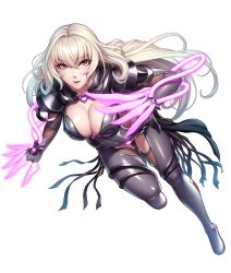  1girl blonde_hair breasts cable claws fishnets igawa_senshu k-suwabe large_breasts long_hair looking_at_viewer mechanical_arms mole mole_under_eye mole_under_mouth official_art open_mouth parted_lips pink_nails purple_eyes simple_background taimanin_(series) taimanin_rpgx taimanin_suit wire 