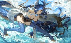  1girl :d absurdly_long_hair absurdres adhesive_bra backless_kimono black_skirt blue_hair blue_scales blue_sky blunt_bangs bra breasts claws cleavage clenched_teeth cloud dayshiart detached_sleeves dragon_girl dragon_horns dragon_tail dynamic_pose fighting_stance floating_hair full_body gloves hair_ornament hair_over_one_eye highres horns indie_virtual_youtuber japanese_clothes kimono large_breasts long_hair looking_at_viewer obi open_mouth pleated_skirt pointy_ears red_eyes sash second-party_source side_slit skirt sky sleeveless sleeveless_kimono smile solo splashing standing standing_on_liquid tail teeth thighhighs toe_claws torn_clothes torn_sleeves underwear very_long_hair vienna_(vtuber) virtual_youtuber wet white_kimono wide_sleeves 