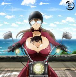  1boy 1girl age_difference between_breasts biker_clothes bodysuit breasts brown_hair cleavage cloud cloudy_sky collarbone day edogawa_conan gigantic_breasts glasses gloves goggles helmet huge_breasts kudou_yukiko long_hair looking_at_viewer marimo_png mature_female meitantei_conan mother_and_son motor_vehicle motorcycle older_woman_and_younger_man person_between_breasts red_bodysuit short_hair shota sky smile smug smug_smile under_another&#039;s_clothes 