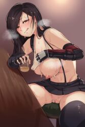  1girl bar_(place) bar_stool black_skirt black_thighhighs blush breasts brown_hair cleft_of_venus clothes_lift cup final_fantasy final_fantasy_vii final_fantasy_vii_remake highres holding holding_cup large_breasts lifted_by_self long_hair looking_at_viewer miniskirt mocomori nipples no_bra no_panties pussy rocks_glass shirt_lift sitting skirt solo steam stool straight_hair suspenders sweat tank_top thighhighs tifa_lockhart upskirt white_tank_top  rating:Explicit score:65 user:danbooru