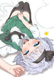  1girl ^^^ black_hairband black_necktie black_thighhighs blue_eyes blush commentary green_skirt green_vest hairband hand_up highres konpaku_youmu konpaku_youmu_(ghost) looking_at_viewer loose_necktie lying necktie on_back open_clothes open_mouth open_vest shirt short_hair short_sleeves simple_background skirt skirt_set skirt_tug sobayu_to_tenpura solo thighhighs touhou vest white_background white_hair white_shirt 