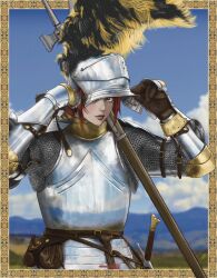 1girl armor blue_sky brown_eyes brown_gloves chainmail cloud gloves helmet highres knight leather leather_belt leather_gloves metal_gloves mountain nnnmengmeng original plate_armor plume pouch red_hair scar scar_on_face sky sweat sword upper_body war_hammer weapon 