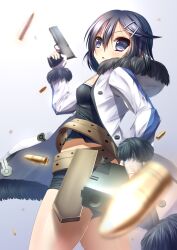  1girl absurdres asagiri_asagi back_peek belt black_camisole black_hair black_shorts blurry blurry_foreground breasts bullet camisole commentary covered_erect_nipples cowboy_shot disgaea dual_wielding finger_on_trigger fingerless_gloves from_behind fur-trimmed_hood fur-trimmed_jacket fur_trim gloves gradient_background grey_background gun hair_between_eyes hair_ornament hairclip handgun highres holding holster hood hood_down jacket light_blush long_sleeves makai_wars midriff multiple_belts open_clothes open_jacket parted_lips purple_eyes ribbed_camisole short_hair short_shorts shorts small_breasts solo standing toxonium v-shaped_eyebrows weapon white_background white_gloves x_hair_ornament 