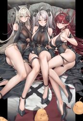  3girls aegir_(azur_lane) ahoge alternate_costume antenna_hair ass azur_lane bare_shoulders black_dress black_horns bow breasts cleavage cleavage_cutout clothing_cutout covered_navel curled_horns demon_girl diamond_cutout dress elbow_gloves evening_gown flag forward_facing_horns full_body gloves grey_hair hair_ribbon hand_up high_heels highres hindenburg_(azur_lane) hiyashi_mirano horns light_brown_hair long_hair looking_at_viewer lying manjuu_(azur_lane) multicolored_bow multicolored_hair multiple_girls nail_polish navel_cutout official_alternate_costume on_bed on_side pointy_ears prinz_eugen_(azur_lane) prinz_eugen_(cordial_cornflower)_(azur_lane) red_eyes red_hair ribbon see-through smile streaked_hair thigh_strap two_side_up 