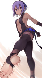 1girl backless_outfit barefoot batatata77 breasts dark_skin dark-skinned_female fate/grand_order fate/prototype fate/prototype:_fragments_of_blue_and_silver fate_(series) feet fingerless_gloves foot_focus gloves hairband hassan_of_serenity_(fate) highres kicking midriff navel no_shoes purple_eyes purple_hair short_hair sideboob simple_background soles solo toeless_legwear toenails toes white_background rating:Questionable score:72 user:danbooru