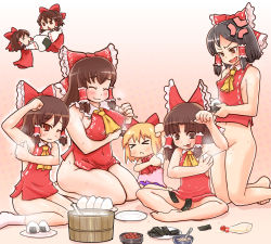 &gt;_&lt; 3: 6+girls :&lt; ^_^ anger_vein angry armpit_onigiri armpits barefoot benikurage_(cookie) black_hair bottomless bow bowl breasts brown_eyes brown_hair closed_eyes commentary convenient_arm convenient_censoring cookie_(touhou) covered_erect_nipples flat_chest food food_on_body hair_bow hair_ribbon hair_tubes hakurei_reimu horn_bow horn_ornament horns ibuki_suika indian_style kanna_(cookie) large_bow large_breasts mayonnaise mini_person minigirl multiple_girls multiple_persona navel no_bra odd_one_out ohitsu onigiri otemoto_(baaaaloooo) otemoto_(cookie) plump red_eyes reu_(cookie) ribbon rice rice_bowl sananana_(cookie) seiza shamoji short_hair sitting socks spoon steam tareme thick_thighs thighs tongue tongue_out touhou tsurime tug_of_war vest wariza what you&#039;re_doing_it_wrong rating:Questionable score:70 user:danbooru