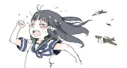  10s 1girl a6m_zero aircraft airplane bad_id bad_twitter_id blunt_bangs commentary_request crying fleeing gomennasai hatsuyuki_(kancolle) hime_cut kantai_collection long_hair school_uniform serafuku sidelocks simple_background solo tears wavy_mouth zero_(kantai_collection) 