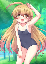  1girl armpits blush female_focus highres loli long_hair looking_at_viewer open_mouth original outdoors school_swimsuit solo swimsuit  rating:Sensitive score:16 user:LoliconchatterDM