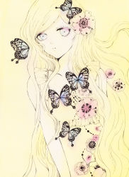  1girl blonde_hair blue_eyes bug butterfly charmal flower hair_flower hair_ornament bug long_hair pink_flower 