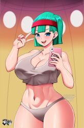  1girl alternate_breast_size aqua_eyes aqua_hair artist_logo artist_name bare_arms bare_legs bare_shoulders blush breasts bulma cleavage collarbone cowboy_shot crop_top curvy dragon_ball dragonball_z earrings fingering grey_panties hairband highres holding holding_phone jadenkaiba jewelry large_breasts looking_at_viewer midriff navel no_pants open_mouth panties phone red_hairband selfie shiny_skin smile solo standing teeth thighs thong underwear underwear_only upper_teeth_only v wide_hips 