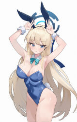  1girl :| animal_ears aqua_bow aqua_bowtie armpits arms_up bare_arms blonde_hair blue_archive blue_eyes blue_hairband blue_halo blue_leotard bowtie braid breasts cleavage closed_mouth collar covered_navel cowboy_shot detached_collar double_v earrings eyelashes fake_animal_ears fake_tail groin hairband halo highleg highleg_leotard jewelry kumari2311 large_breasts leotard long_hair looking_at_viewer multicolored_hair playboy_bunny rabbit_ears rabbit_pose rabbit_tail simple_background solo streaked_hair swept_bangs tail toki_(blue_archive) toki_(bunny)_(blue_archive) v very_long_hair white_background white_collar white_wrist_cuffs wrist_cuffs 