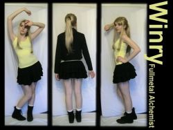  1girl a-pumpkin arms_up blonde_hair breasts cosplay fullmetal_alchemist long_hair photo_(medium) ponytail shirt skirt small_breasts winry_rockbell 
