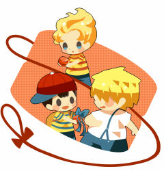 3boys backpack bag black_eyes black_hair blonde_hair blue_bow blue_shorts blush_stickers bow brown_bag gift hair_over_eyes hitofutarai holding lucas_(mother_3) male_focus mother_(game) mother_2 mother_3 multiple_boys ness_(mother_2) nintendo open_mouth porky_minch red_headwear shirt shorts sideways_hat solid_oval_eyes striped_clothes striped_shirt suspenders white_shirt yo-yo