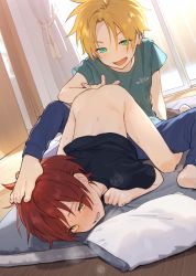 2boys anal anal_fingering blonde_hair feet fingering foot_on_head highres male_hand multiple_boys original pillow_(nutsfool) red_hair shota sweat tagme yaoi rating:Explicit score:192 user:Mousa