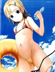  1girl bandaid bandaid_on_pussy bikini blonde_hair blue_eyes blush bottle bottomless cleft_of_venus clitoris cloud covered_erect_nipples dutch_angle flat_chest hair_ornament hairclip highres holding innertube loli looking_down navel ocean pussy pussy_peek sky sody solo source_request standing swim_ring swimsuit wading wardrobe_malfunction water water_bottle wet  rating:Explicit score:274 user:dogfin