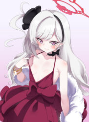  1girl bare_shoulders blue_archive blush bow bracelet breasts closed_mouth commentary_request cowboy_shot dress earrings frilled_dress frills fur_shawl gokubuto_mayuge gradient_background halo jewelry long_hair looking_at_viewer mutsuki_(blue_archive) mutsuki_(dress)_(blue_archive) official_alternate_costume pearl_earrings pink_eyes pointy_ears red_bow red_dress red_halo shawl sidelocks sleeveless sleeveless_dress slit_pupils small_breasts smile solo strap_pull two-tone_background white_fur white_hair 