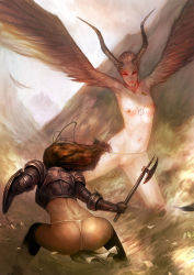 2girls armor ass axe boots breasts dcwj epic fantasy fundoshi harpy highres horns japanese_clothes jewelry monster monster_girl multiple_girls nipples no_arms original panties pendant pubic_hair small_breasts thigh_boots thighhighs thong underwear warrior weapon winged_arms wings rating:Questionable score:96 user:danbooru