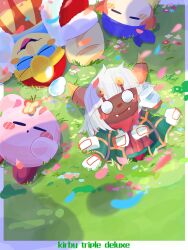  bandana bandana_waddle_dee beak beanie blue_bandana blunt_bangs blush_stickers border bug butterfly butterfly_on_head cloak closed_eyes closed_mouth colored_skin disembodied_hand double-parted_bangs extra_hands fangs field flower flower_field fur-trimmed_robe fur-trimmed_sleeves fur_trim gloves green_cloak hat highres insect king_dedede kirby kirby:_triple_deluxe kirby_(series) long_sleeves lying nintendo no_humans no_mouth omame_sakana on_back on_grass open_clothes open_robe orange_butterfly outside_border parted_lips petals pink_skin pom_pom_(clothes) pom_pom_beanie red_footwear red_hat red_robe red_scarf red_sleeves robe scarf shoes sleeves_past_wrists smile solid_circle_eyes spider_web_print taranza tearing_up white_border white_eyes white_hair yellow_gloves 