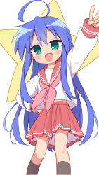  1girl :d ahoge arm_up ayanepuna black_socks blue_hair blush commentary feet_out_of_frame green_eyes hair_between_eyes hand_on_own_hip highres izumi_konata kneehighs long_hair long_sleeves lucky_star mole mole_under_eye open_mouth pleated_skirt puffy_long_sleeves puffy_sleeves red_sailor_collar red_skirt sailor_collar shirt skirt sleeves_past_wrists smile socks solo standing star_(symbol) symbol-only_commentary v very_long_hair white_background white_shirt 