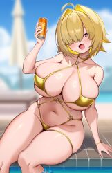  1girl :d ahoge bikini blonde_hair breasts can choker curvy elegg_(nikke) goddess_of_victory:_nikke gold_bikini hair_intakes highres holding holding_can huge_breasts kaptivate large_breasts navel open_mouth short_hair sitting smile solo stomach swimsuit thick_thighs thighs 
