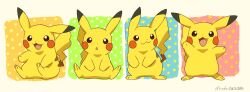 brown_eyes creatures_(company) game_freak gen_1_pokemon happy nintendo no_humans open_mouth pikachu pokemon pokemon_(creature) roku_(rokkrn) sitting smile standing twitter_username