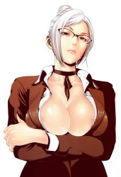  1girl areola_slip breast_hold breasts cleavage glasses highres hiramoto_akira huge_breasts looking_at_viewer open_clothes open_shirt prison_school school_uniform shiraki_meiko silver_hair simple_background white_background 