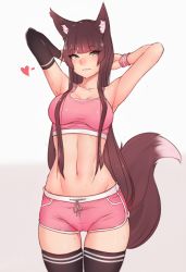 1girl animal_ear_fluff animal_ears aqua_eyes armpits arms_behind_head arms_up black_thighhighs bluefield blunt_bangs blush bra breasts brown_hair cameltoe cleavage closed_mouth collarbone cowboy_shot crop_top detached_sleeves dolphin_shorts fox_ears fox_girl fox_tail gradient_background green_eyes grey_background gym_shorts heart highres long_hair looking_at_viewer medium_breasts micro_shorts navel nose_blush original pink_bra pink_shorts shorts sidelocks single_detached_sleeve skindentation smile solo sports_bra standing straight_hair sweat sweatband tail thigh_gap thighhighs thighs toned tsurime underwear underwear_only very_long_hair white_background wristband rating:Sensitive score:153 user:danbooru