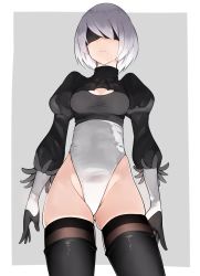 1girl 2b_(nier:automata) black_gloves black_thighhighs blindfold boruhis breasts cleavage_cutout clothing_cutout cowboy_shot expressionless facing_viewer framed gloves grey_background groin highleg highleg_leotard highres juliet_sleeves leotard long_sleeves medium_breasts mole mole_under_mouth nier:automata nier_(series) outside_border puffy_sleeves shiny_skin short_hair silver_hair skindentation solo standing thighhighs thighs white_leotard wide_hips