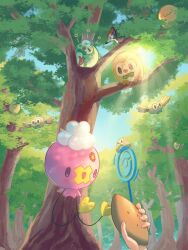 1other :d alternate_color bird commentary_request creatures_(company) day drifloon game_freak gen_4_pokemon gen_7_pokemon highres holding in_tree mokukitusui nintendo open_mouth outdoors owl pikipek pokemon pokemon_(creature) rowlet shiny_pokemon sky squeans smile star_(symbol) tree