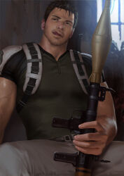  1boy :q bara beard brown_hair chest_harness chris_redfield facial_hair green_shirt gun harness holding holding_gun holding_weapon large_pectorals male_focus mature_male muscular muscular_male paid_reward_available pants pectorals penguin_frontier resident_evil resident_evil_5 rocket_launcher rpg rpg-7 rpg_(weapon) sexually_suggestive shirt short_hair sideburns solo spread_legs stubble sunlight thighs tight_clothes tight_shirt tongue tongue_out veins weapon white_pants window 