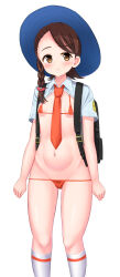  1girl backpack bag bikini blush braid breasts brown_eyes brown_hair closed_mouth collared_shirt creatures_(company) cropped_shirt feet_out_of_frame female_focus game_freak hair_ornament hairclip hat highres juliana_(pokemon) kneehighs loli long_hair looking_at_viewer micro_bikini navel necktie nintendo orange_bikini orange_necktie pokemon pokemon_sv shipua_(the_worst_night_ever) shirt short_sleeves side_braid simple_background single_braid small_breasts socks solo standing stomach swimsuit white_background zyarame 