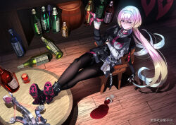  alcohol bar_(place) bored bow_(weapon) crossbow cup drink drinking_glass feet_up highres honkai_(series) honkai_impact_3rd lantern_(honkai_impact) miyoushe_watermark multicolored_hair pantyhose shuriken tavern weapon wine wine_glass 