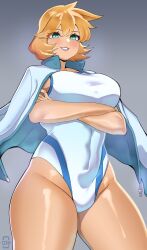  1girl abs absurdres breasts ceroccb competition_swimsuit cowboy_shot creatures_(company) curvy game_freak green_eyes highres jacket large_breasts legs misty_(pokemon) navel nintendo one-piece_swimsuit open_clothes open_jacket orange_hair pokemon pokemon_hgss simple_background skin_tight smile solo standing swimsuit thick_thighs thighs white_one-piece_swimsuit wide_hips 
