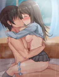 10s 1boy 1girl bad_id bad_pixiv_id blush breasts brown_hair censored clothed_sex clothes_lift cowgirl_position eyebrows closed_eyes faceless faceless_male from_side girl_on_top girls_und_panzer hetero highres hug indoors kiss long_hair medium_breasts mika_(girls_und_panzer) nipples no_bra panties panties_around_leg rain sex shinkuso-kun shirt_lift skirt straddling underwear upright_straddle vaginal rating:Explicit score:208 user:danbooru