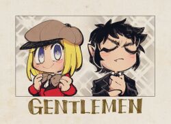  2boys adjusting_bowtie adjusting_clothes adjusting_necktie black_hair blonde_hair blue_eyes blush bow bowtie chibi chiyo_(shuten_dj) closed_eyes damien_thorn english_text fang fang_out formal frown hat long_sleeves looking_at_viewer male_focus multiple_boys necktie phillip_pirrup pointy_ears short_hair smile south_park suit traditional_bowtie 