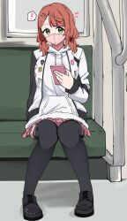  ! 1girl black_footwear black_thighhighs blunt_bangs commentary_request green_eyes hair_ornament hairclip highres holding holding_phone hood hoodie jacket knees_together_feet_apart liz_(piyoko_piyop) looking_at_viewer love_live! love_live!_nijigasaki_high_school_idol_club low_twintails mask medium_hair miniskirt mouth_mask notice_lines open_clothes open_jacket paid_reward_available panties pantyshot phone pink_hair pink_mask pink_panties pink_skirt pleated_skirt shoes sitting skirt solo spoken_exclamation_mark swept_bangs thighhighs train_interior twintails uehara_ayumu underwear white_hoodie white_jacket 