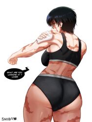  1girl absurdres artist_name ass black_hair black_panties black_sports_bra breasts burn_scar clenched_hand commentary english_commentary english_text from_behind highres holding holding_towel jujutsu_kaisen large_breasts looking_at_viewer median_furrow multiple_scars muscular muscular_female panties round_eyewear scar scar_on_arm scar_on_back scar_on_face scars_all_over shibbunny short_hair solo speech_bubble sports_bra sweat thighs too_many too_many_scars towel underwear white_background yellow_eyes zen&#039;in_maki 