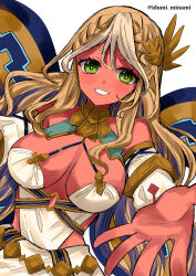  1girl andromeda_(fate) andromeda_(first_ascension)_(fate) armlet bare_shoulders blonde_hair blush braid breasts cleavage collar crown_braid cuffs dark-skinned_female dark_skin detached_sleeves dress fate/grand_order fate_(series) gold_teeth green_eyes grin hair_ornament highres izumi_minami jaws large_breasts long_hair looking_at_viewer low_twintails metal_collar multicolored_hair outstretched_arms shackles short_dress sidelocks smile solo twintails two-tone_hair white_dress white_hair 