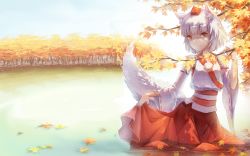  1girl a_luo animal_ears autumn_leaves clothes_lift detached_sleeves forest hat inubashiri_momiji japanese_clothes lake long_sleeves looking_at_viewer miko nature red_eyes shirt silver_hair skirt skirt_lift smile solo tail third-party_edit tokin_hat touhou tree wallpaper water wide_sleeves wolf_ears wolf_tail 