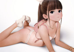  1girl ass backpack bag black_hair blunt_bangs blush body_freckles breasts earrings feet_up flat_chest freckles hideousbeing highres jewelry knees_apart_feet_together lingerie loli necklace no_shoes small_breasts socks solo stud_earrings tagme thong underwear  rating:Questionable score:997 user:magarog