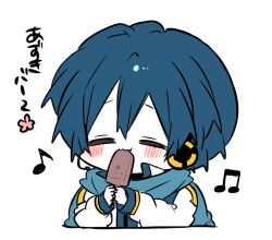  1boy blue_hair blush chibi closed_eyes cropped_torso eating food headphones headset holding holding_food holding_popsicle kaho_0102 kaito_(vocaloid) long_sleeves male_focus musical_note popsicle scarf short_hair solo translation_request vocaloid 