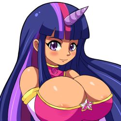 1girl areola_slip bare_shoulders blunt_bangs blush blush_stickers breasts bursting_breasts horns huge_breasts light_smile long_hair looking_at_viewer mato_spectoru multicolored_hair my_little_pony my_little_pony:_friendship_is_magic personification purple_eyes sidelocks simple_background smile solo source_request star_(symbol) streaked_hair twilight_sparkle white_background rating:Questionable score:58 user:danbooru