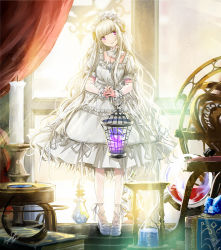  birdcage book cage candle dress fishnets heels highres horns hourglass jewelry lace long_hair magic magical_girl necklace purple_eyes ribbon_trim silver_hair very_long_hair white_dress  rating:Sensitive score:4 user:Setokaiva
