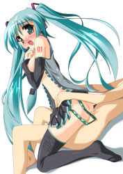  1girl aqua_eyes aqua_hair ass blush breasts clothed_female_nude_male clothed_sex cum cum_in_pussy cum_on_body cum_on_hair cum_on_upper_body from_behind girl_on_top hatsune_miku long_hair looking_back necktie nipples nude reverse_cowgirl_position sex sex_from_behind solo_focus straddling thighhighs twintails vaginal vocaloid white_background zettai_ryouiki  rating:Explicit score:31 user:danbooru