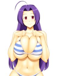  1girl ahoge bare_shoulders bikini breasts breasts_squeezed_together cleavage huge_breasts idolmaster kawanuma_uotsuri long_hair miura_azusa navel one-piece_swimsuit purple_hair red_eyes shiny_skin simple_background solo standing striped_clothes striped_one-piece_swimsuit swimsuit white_background  rating:Questionable score:1 user:starshield
