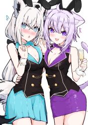  2girls @_@ absurdres ahoge animal_ear_fluff animal_ears bare_arms blue_skirt blush braid breasts bunny_garden cat_ears cat_tail cleavage commentary_request cup drinking_glass earrings fake_animal_ears fox_ears fox_girl fox_tail green_eyes hair_between_eyes hand_on_another&#039;s_hip highres holding holding_cup hololive jewelry long_hair looking_at_viewer medium_breasts multiple_girls nanamiya_natsumi nekomata_okayu open_mouth purple_skirt rabbit_ears shirakami_fubuki sidelocks simple_background single_braid skirt smile tail virtual_youtuber white_background white_hair wine_glass wrist_cuffs 